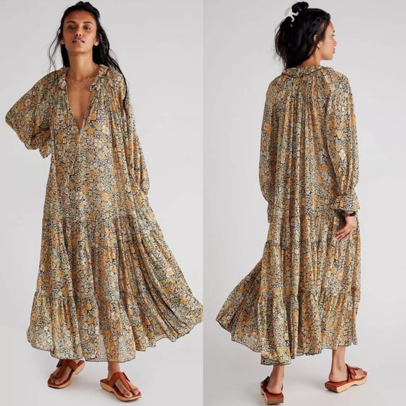 Free People Dress Womens XS Cream Green Feeling Groovy Floral Maxi Chiffon Boho - Picture 2 of 12